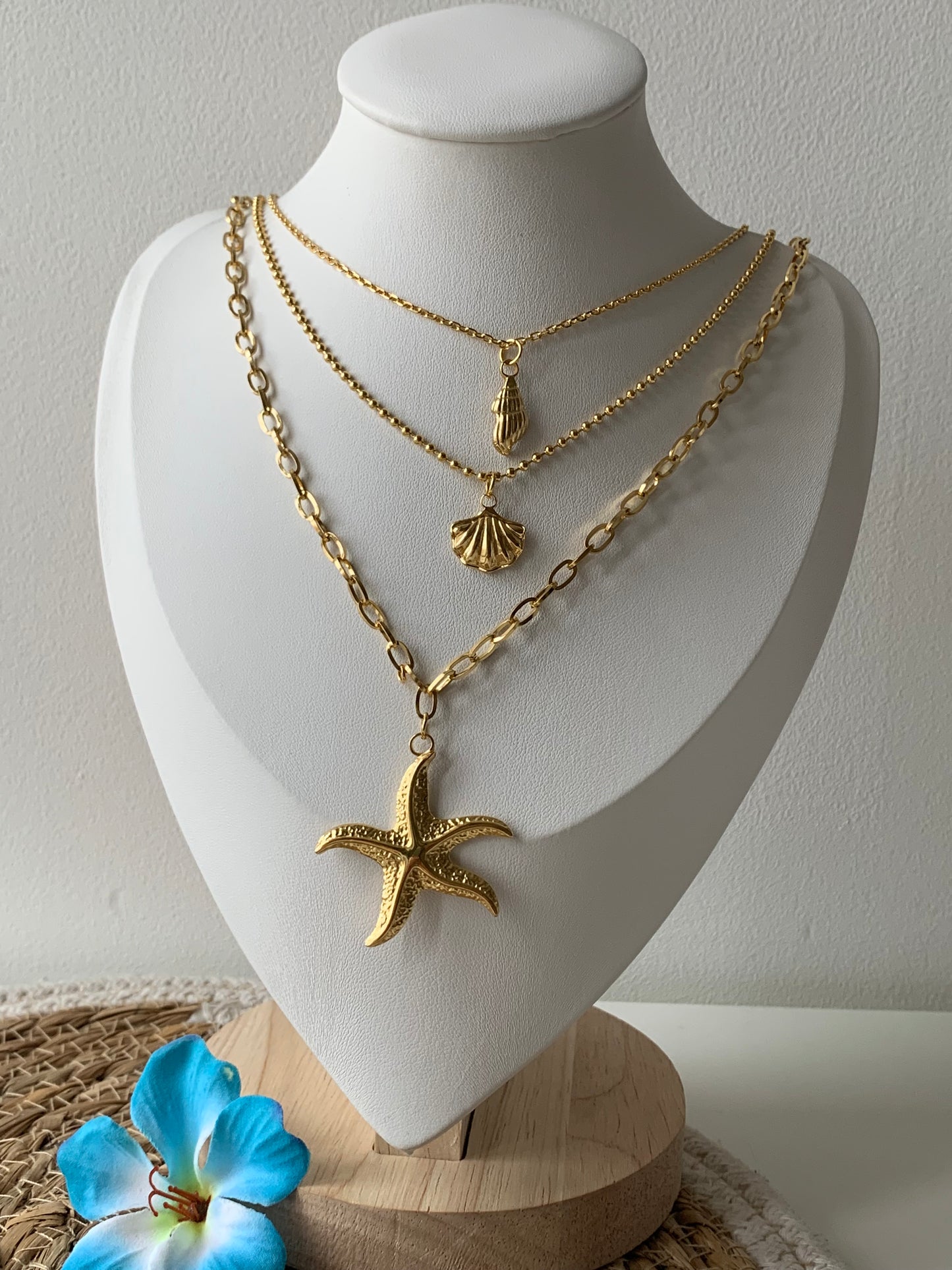 OCEAN MOOD - Collier ajustable en acier inoxydable 3 rangs coquillage